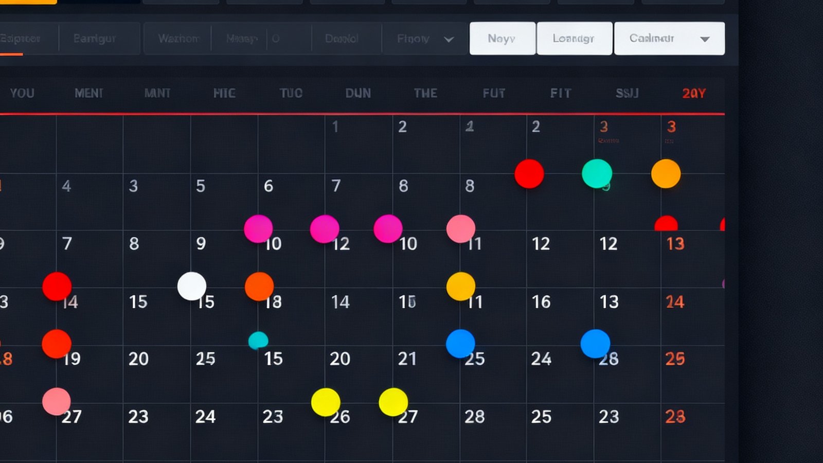 赛程日历界面截图，日历视图上标注了不同颜色圆点代表各大联赛的比赛日，用户可通过顶部筛选栏按联赛和球队快速定位目标赛事